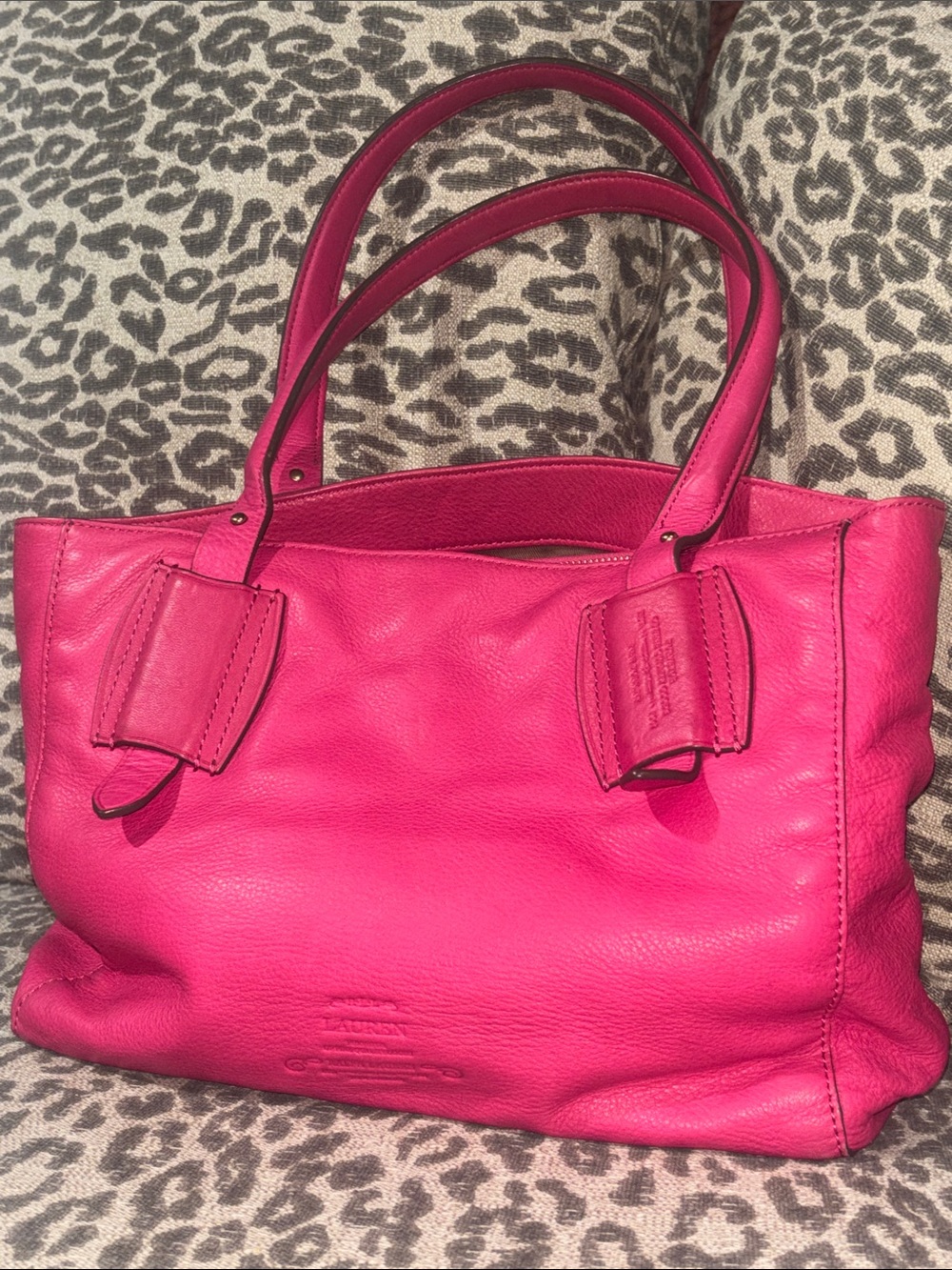 Ralph Lauren bright pink tote slouchy soft leather embossed logo multi pocket